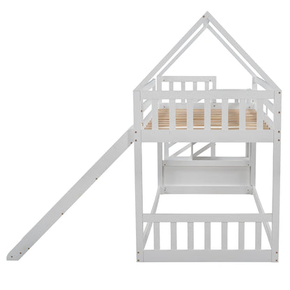 Low Bunk Bed with Slide and Stairs, Wood Twin Over Twin House Bunk Beds for Kids, Floor Bunk Bed with Stairway Easy Assembly (White)
