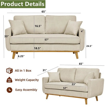 Aukfa 68" Small Sofa Couch Comfy Mid Century Modern Loveseat Sofa for Living Room Bedroom, Cream