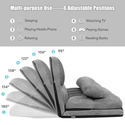 Costway Foldable Floor Sofa Bed 6-Position Adjustable Lounge Couch with 2 Pillows Grey