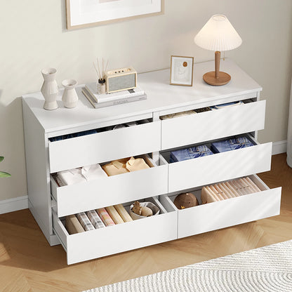 LAFGUR 6 Drawer Double Dresser,Wood Storage Organizer Cabinet Chest for Bedroom Living Room,White