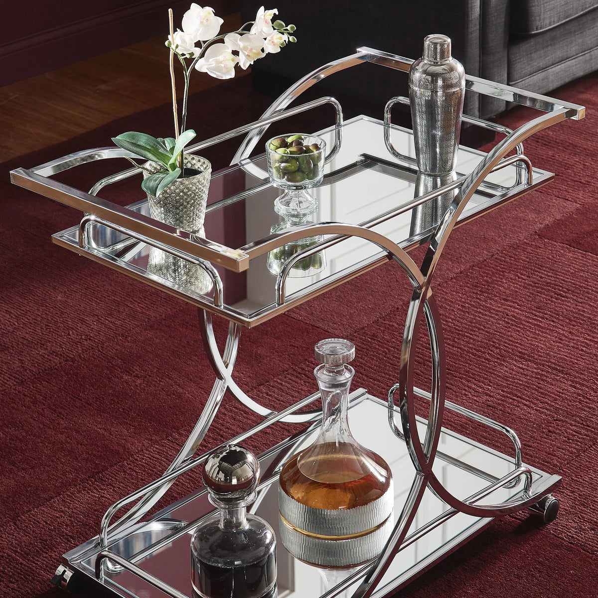 Weston Home Nicole Chrome Finish Bar Cart with Curving Metal Frame
