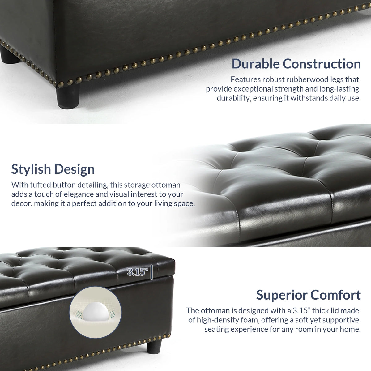 BELLEZE Button-Tufted Faux Leather Storage Ottoman Bench - Brentwood (Dark Brown)