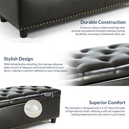BELLEZE Button-Tufted Faux Leather Storage Ottoman Bench - Brentwood (Dark Brown)