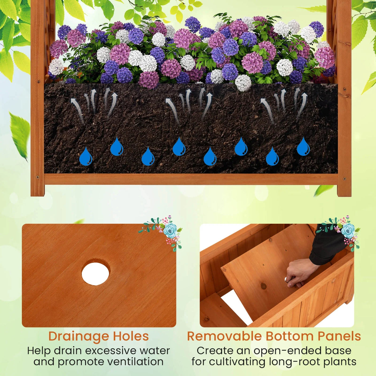 Costway 1 PCS Raised Garden Bed Wooden Elevated Planter Box with Lattice Trellis & Ached Roof