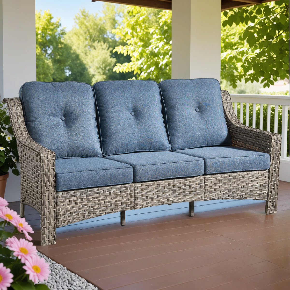 Ovios Outdoor Patio Sofa 3-Seater with Cushions All-Weather Wicker Rattan Couch for Garden, Porch, or Backyard