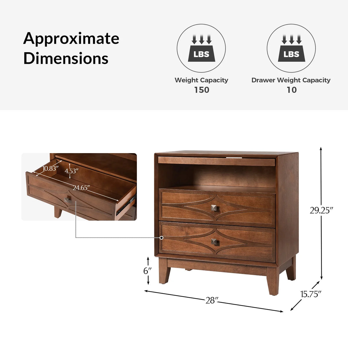 3-Drawer Modern Nightstand with Open Compartment Charging Station Metal Knob for Bedroom Walnut