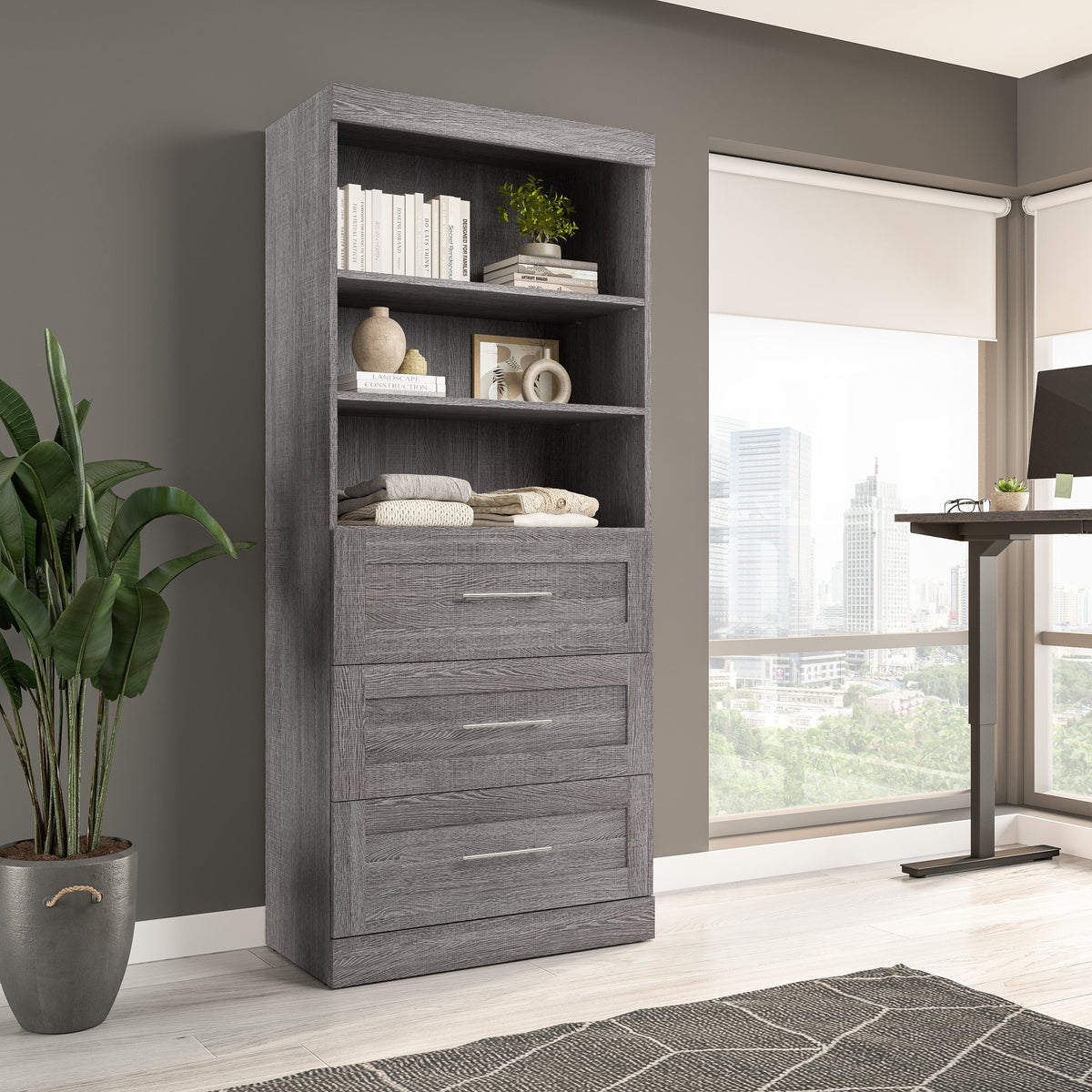 Bestar Pur 36W Closet Organizer with Drawers in Bark Gray - Engineered Wood