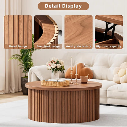 Oubayajia Round Coffee Table with Storage, Wood Lift Top Coffee Table, Waveform Panel, Natural