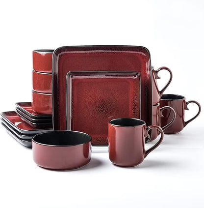 Square Stoneware 16pc Dinnerware Set for 4, Dinner Plates, Side Plates, Cereal Bowls, Mugs - Reactive Glaze Red