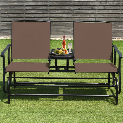 Gymax Patio 2-Person Glider Rocking Char Loveseat Garden w/ Tempered Glass Table Brown