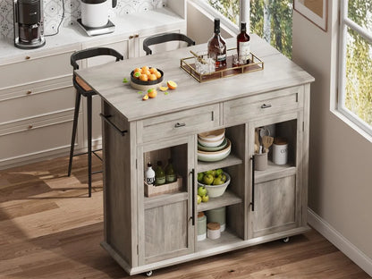 WALYWIK Foldable Kitchen Island Cart with Wheels, 2 Glass Doors, Spice Rack & Towel Holder Compact Mobile Storage Cart for Small Kitchens, Dining Rooms, Camping & RVs - Grey