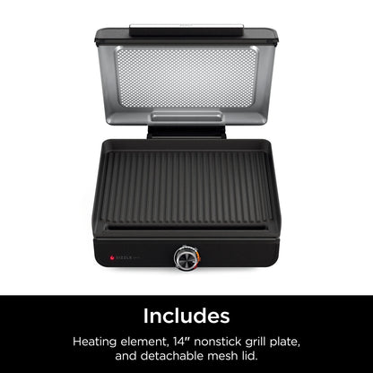 Ninja Sizzle Indoor Grill, 14'' Nonstick Grill Plate, Dishwasher-Safe Removable Mesh Lid, Even Edge-to-Edge Cooking, Black/Silver, GR100