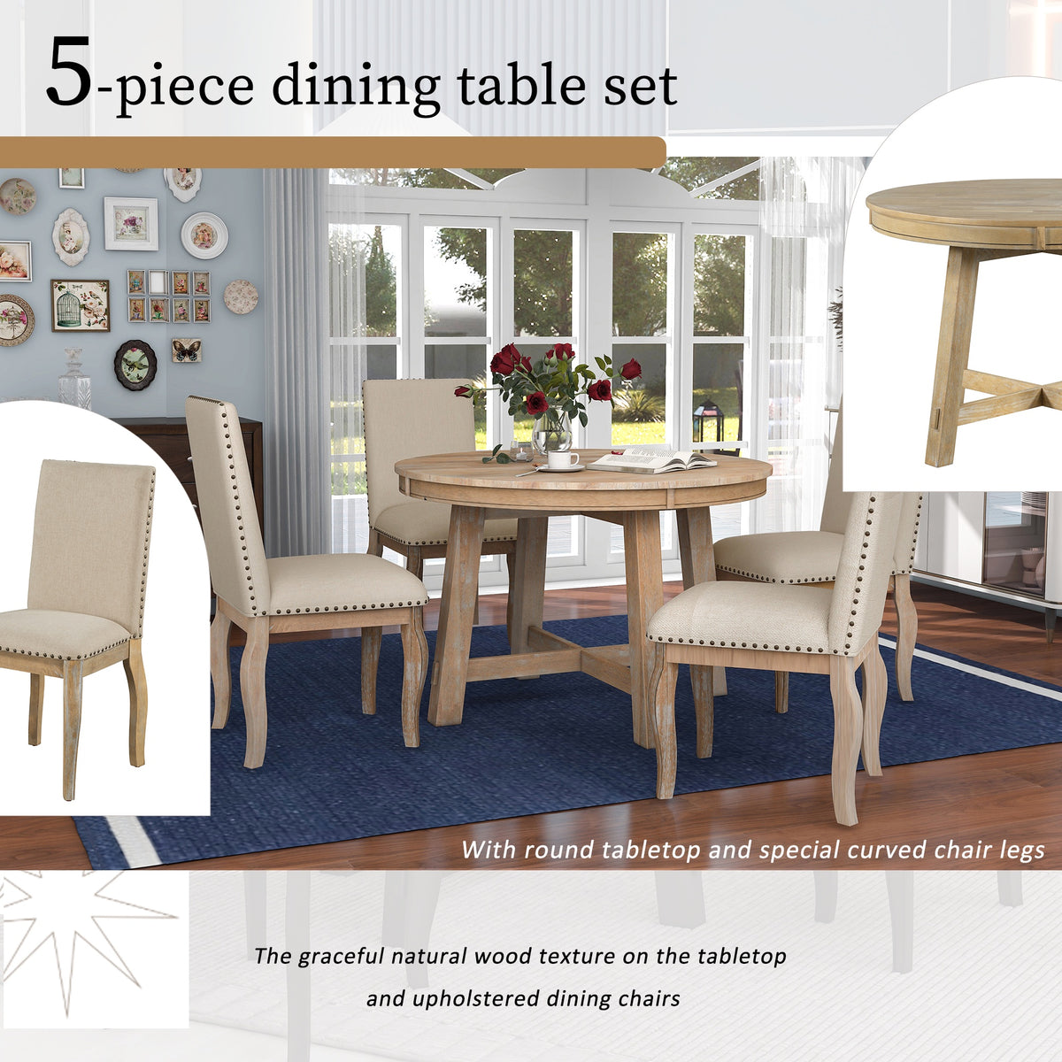 Bellemave 5-Piece Round Dining Table Set, Wood Farmhouse Extendable Dining Table and 4 Upholstered Dining Chairs, Kitchen Dining Table Set for 4 Antique White