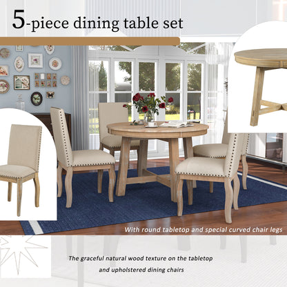 Bellemave 5-Piece Round Dining Table Set, Wood Farmhouse Extendable Dining Table and 4 Upholstered Dining Chairs, Kitchen Dining Table Set for 4 Antique White