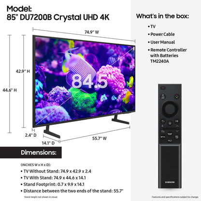 Samsung 85′′ Crystal UHD 4K Smart TV with PurColor & HDR – DU7200B 2024 Model