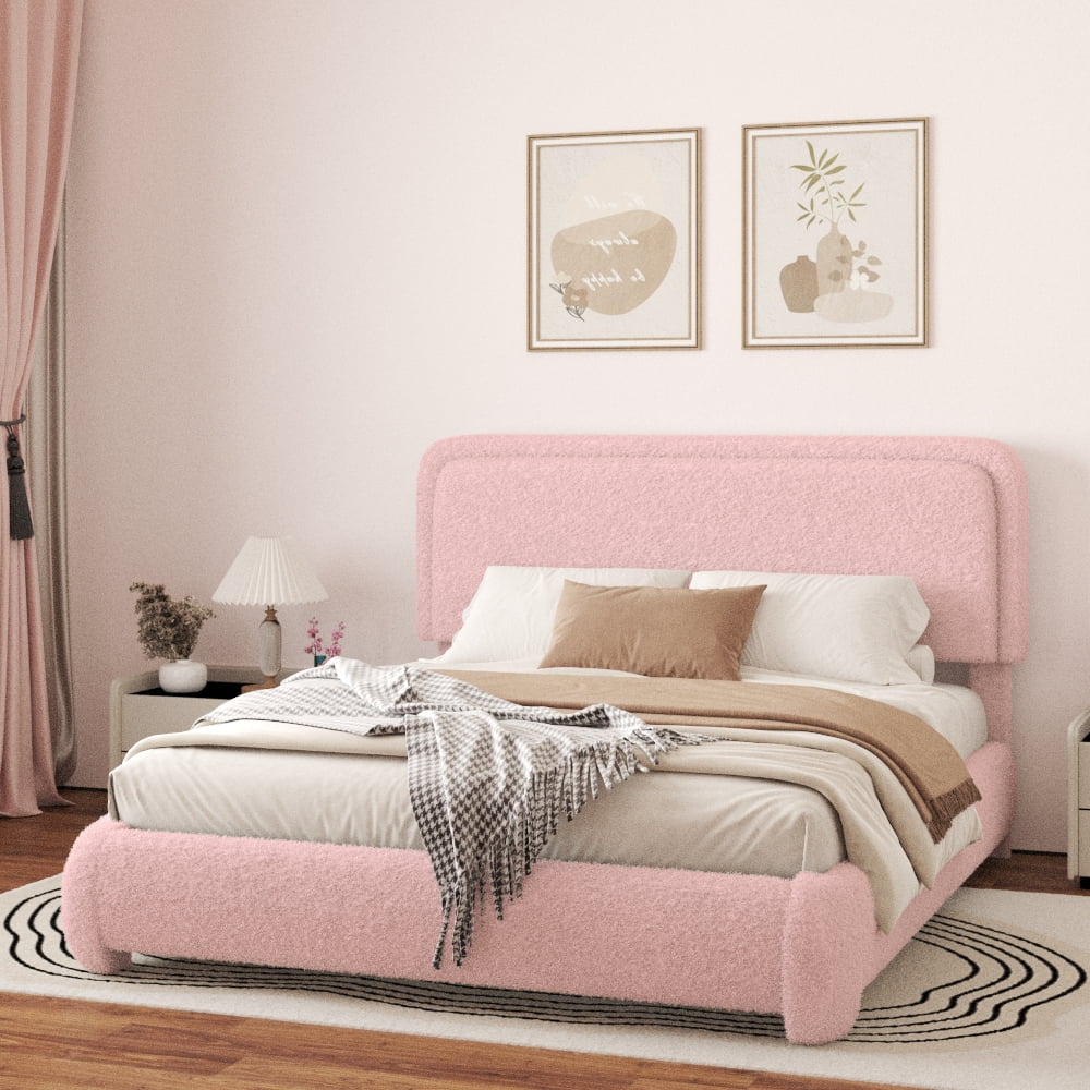 VIPLOV King Size Boucle Bed Frame, Cloud Upholstered Platform Bed with Height Adjustable Headboard & Soft Rounded Corners, No Noise Free, Easy Assembly,Beige