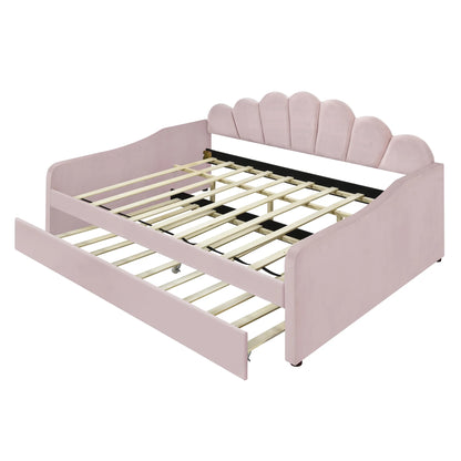 EUROCO Upholstery Full Size Platform Bed, Upholstered Daybed with Headboard and Trundle, Beige