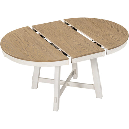 Bellemave 5-Piece Round Dining Table Set, Wood Farmhouse Extendable Dining Table and 4 Upholstered Dining Chairs, Kitchen Dining Table Set for 4 Antique White