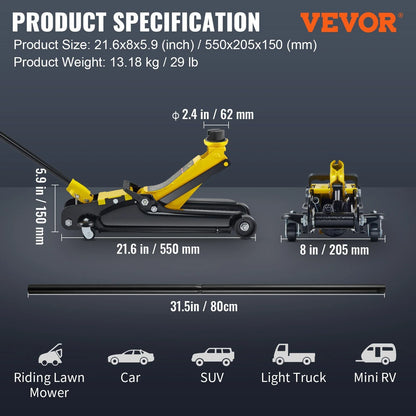 2.5 Ton Low Profile Floor Jack - Heavy Duty Steel Hydraulic Pump for Cars & SUVs