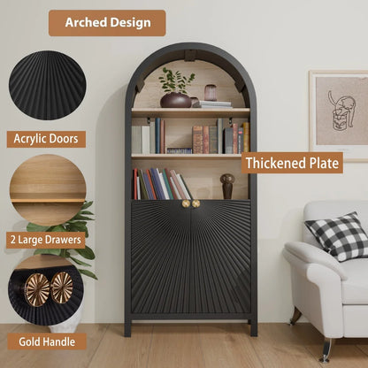 MIDOQIN 5-Tier Black Arched Bookshelf, 61" Tall Arched Bookcase with Storage Shelves and Door