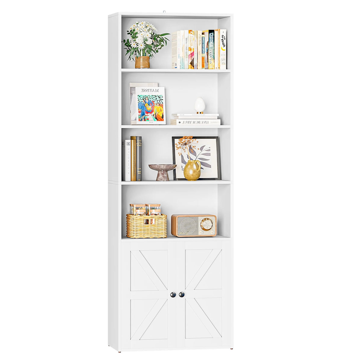Furmax 1 Piece 4-Shelf Farmhouse Bookcases 4-Tier Bookshelf with Adjustable Shelves&Doors,Storage Cabinet for Home Living room,Kitchen,Office,White