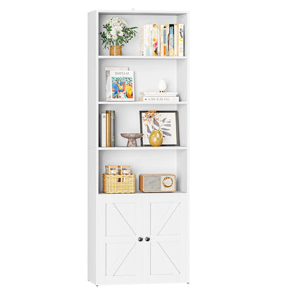 Furmax 1 Piece 4-Shelf Farmhouse Bookcases 4-Tier Bookshelf with Adjustable Shelves&Doors,Storage Cabinet for Home Living room,Kitchen,Office,White