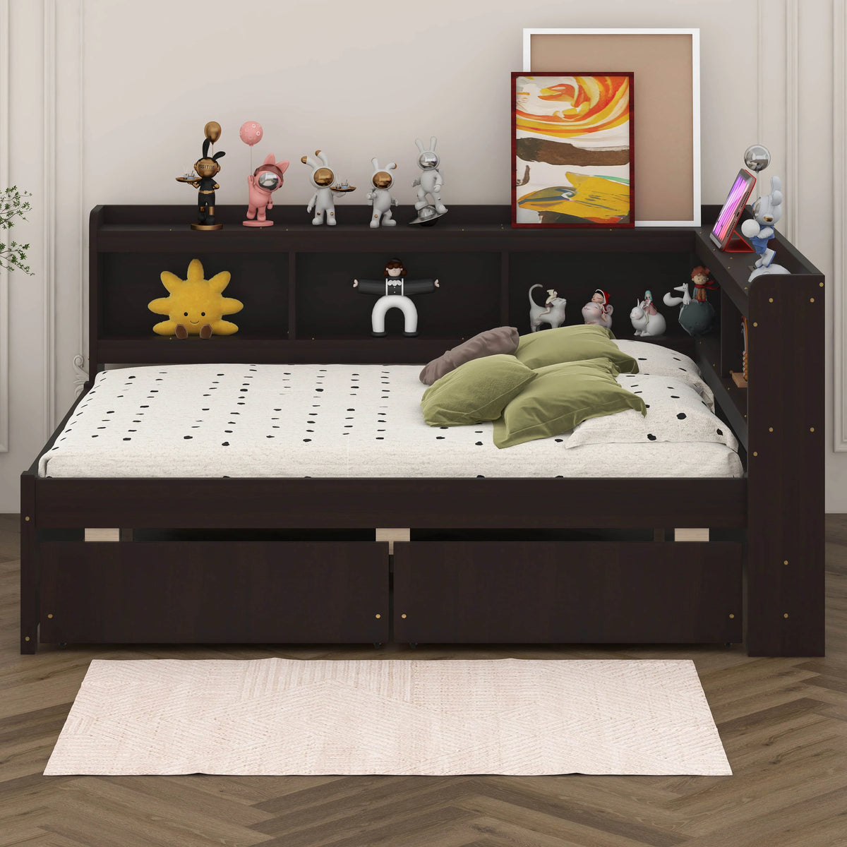 BEBPILOO Twin Size L-Shaped Bookcase Bed with Electrical Outlet, USB Charging Port, Two Drawers, Gray