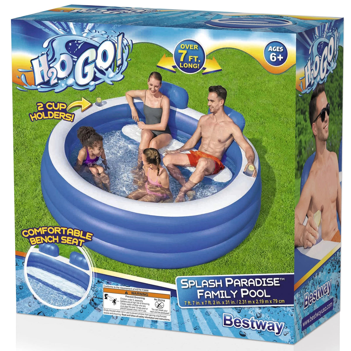 H2OGO! Splash Paradise Family Pool 7'7" x 7'2" x 31"  - Inflatable, Blue & White, Bestway, 225 Gallon Capacity, Outdoor & Backyard, Bench Seat, Built-In Cupholders, Suitable For Children Ages 6+