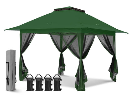 EAGLE PEAK 13' x 13' Pop-Up Gazebo Tent Instant w/Mosquito Netting，Outdoor Gazebo Canopy Easy Set-up Folding Shelter (Beige/Brown)