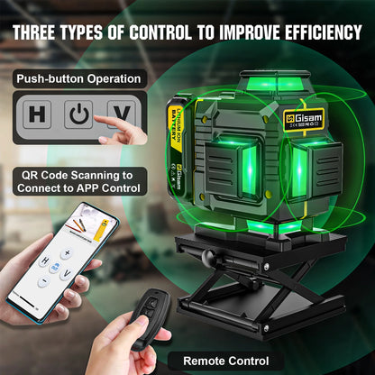 Gisam Laser Level with Tripod , 4x360 Self-Leveling Green Cross Line 4D Laser Tool with Remote Control & 2* 4800mAh Battery