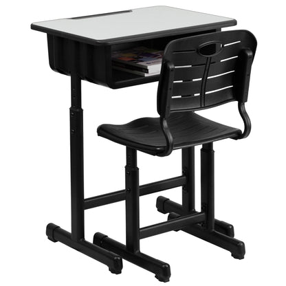 Flash Furniture Adjustable Height Classroom Student Desk with Chair and Book Box, Gray/Black