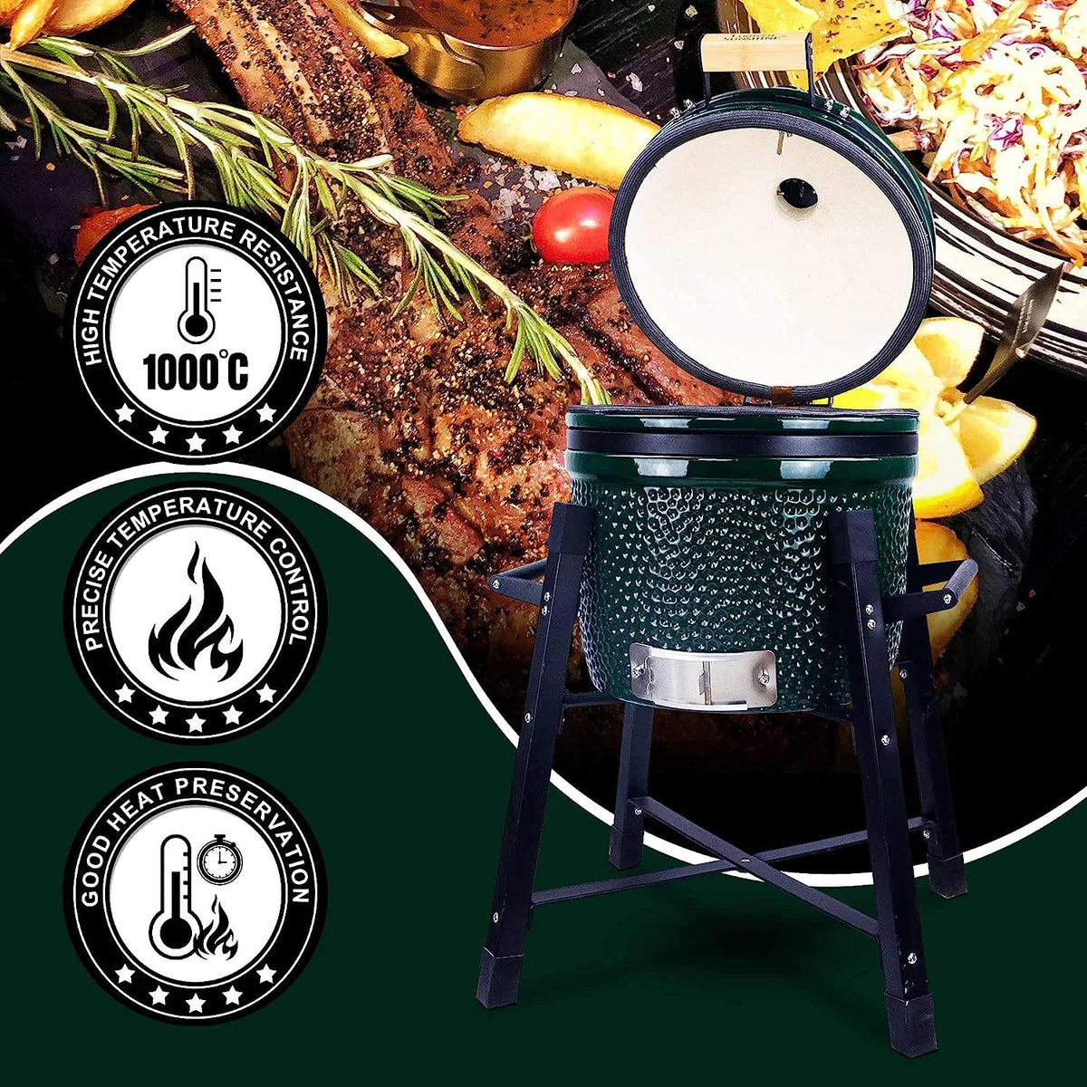 London Sunshine Ceramic Kamado Charcoal BBQ Grill -The Junior Series with Tall Stand (BLACK)