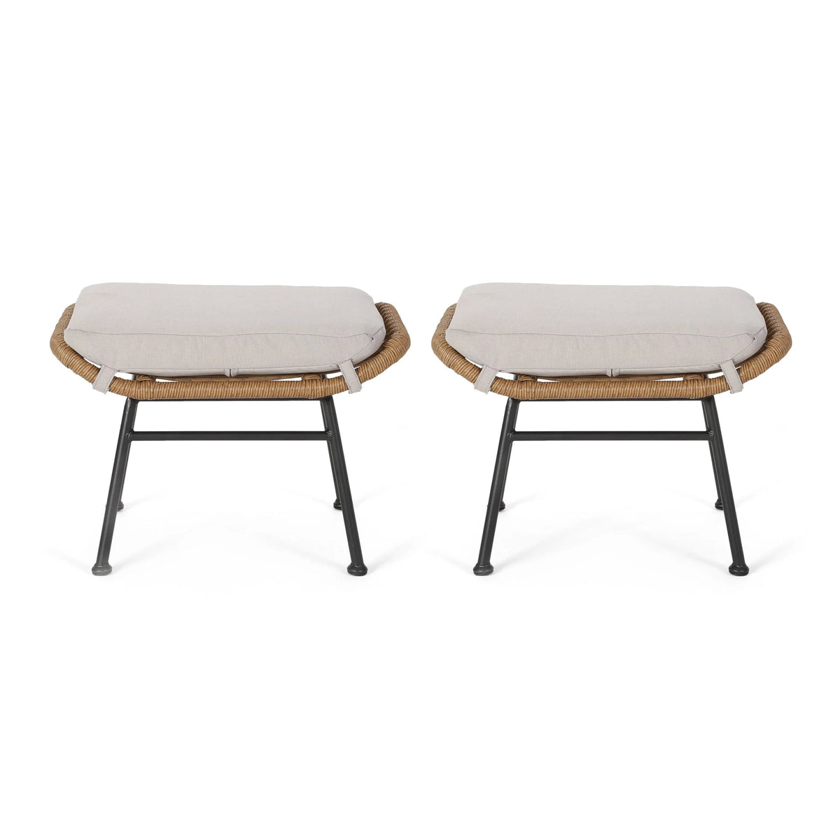 Gloria Outdoor Modern Boho Wicker Ottoman with Cushions (Set of 2)