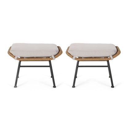 Gloria Outdoor Modern Boho Wicker Ottoman with Cushions (Set of 2)