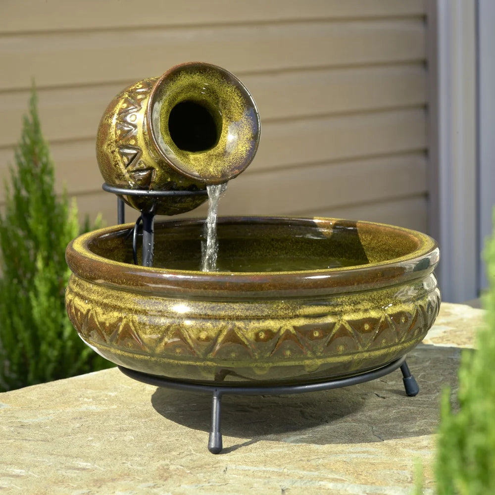 Smart Solar Cairo Ceramic Jug Solar Fountain, Green Glaze, Solar-Powered, Indoor/Outdoor Use