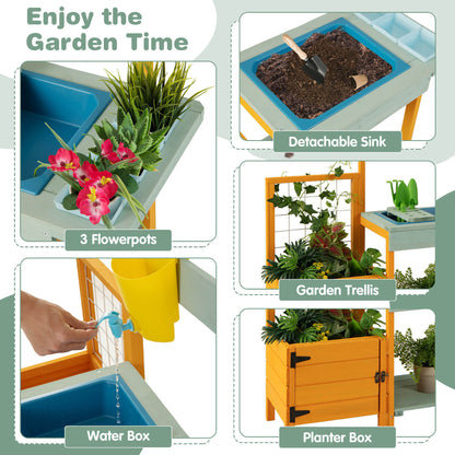 Gymax Wooden Potting Bench for Kids w/ See-Through Window Planter Box Garden Trellis