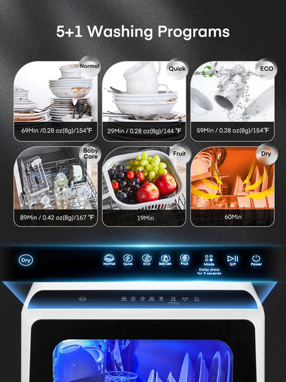 FOHERE Countertop Dishwasher with 6H Delay Cleaning, Portable Dishwasher w/5L Built-in Water Tank, 6 Programs, 360 Dual Spray, High-Temp