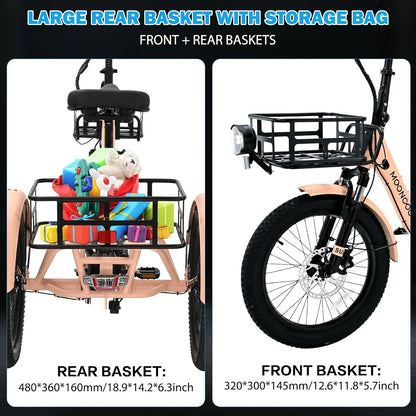 MOONCOOL TK1 Folding Electric Tricycle for Adults,48V 14.5Ah Removable battery, 500W（Peak 1000w）Motor, 20" Fat Tire Step-Thru 3Wheel Electric Bicycle w/Front&Rear Baskets, Certified to UL 2849 by SGS