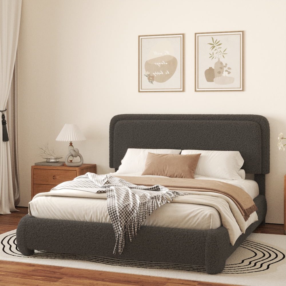 VIPLOV King Size Boucle Bed Frame, Cloud Upholstered Platform Bed with Height Adjustable Headboard & Soft Rounded Corners, No Noise Free, Easy Assembly,Beige