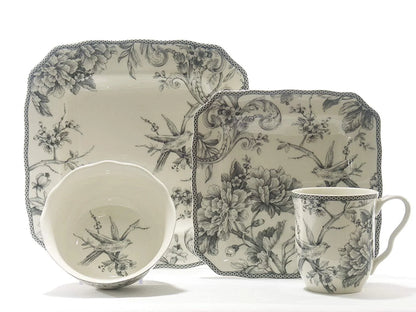 222 Fifth Adelaide Round 16-Piece Porcelain Dinnerware Set, Black Toile
