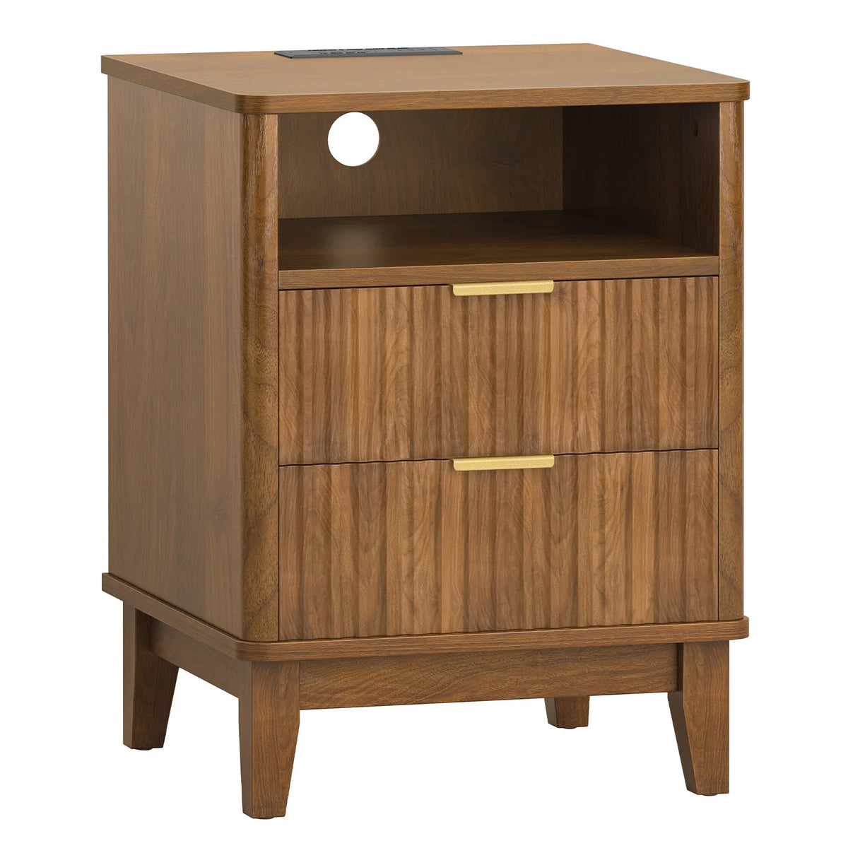 Night Stand with Charger Station, Fluted Nightstand with 2 Drawers and Storage Shelf, Mid Century Modern End Table for Bedroom Living Room,Natural