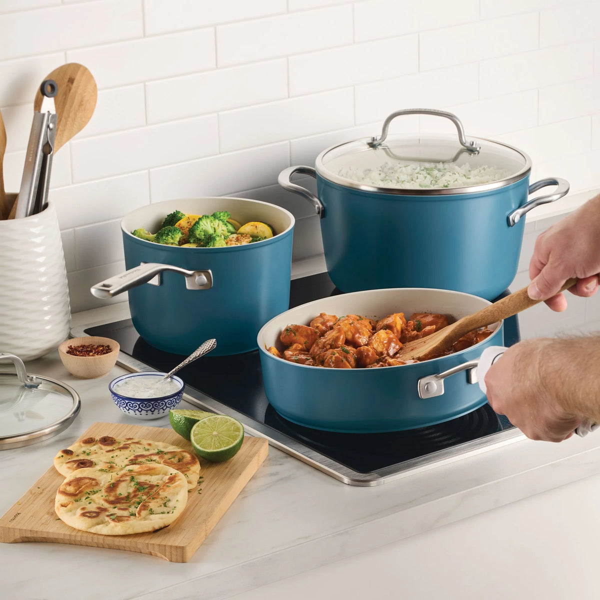 KitchenAid Hard-Anodized 10 Pcs Ceramic Induction Cookware Set, Dishwasher Safe and Oven Safe to 500F, Agave Blue