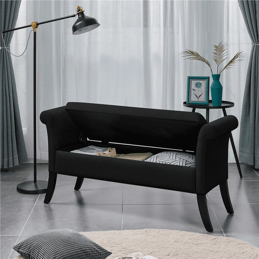 SMILE MART Modern Fabric Tufted Storage Bench with Rolled Arms for Home, Black