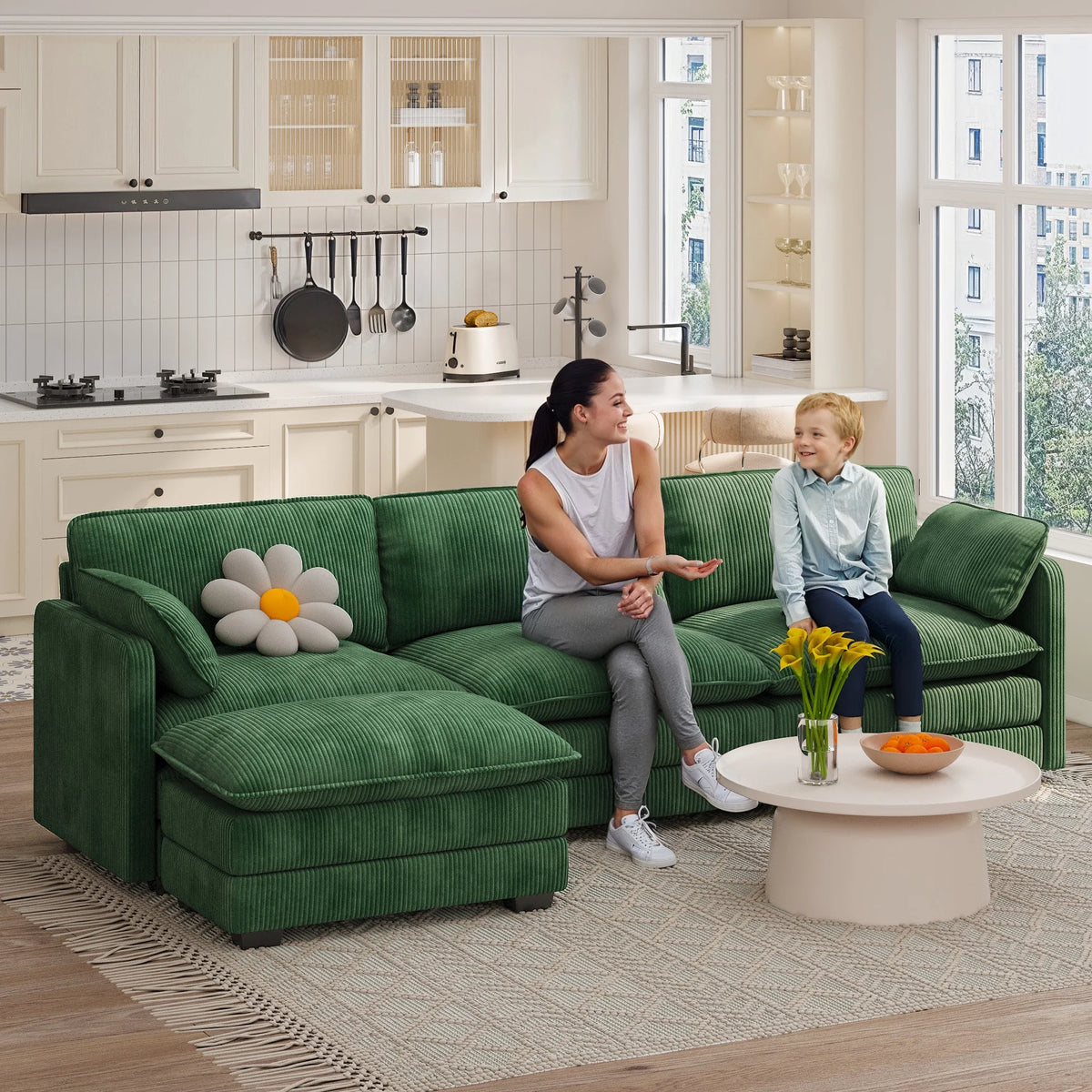 Lofka 110 Modular Sectional Sofa Bed with Double Layer Cushions and Movable Ottoman, Modern Comfy Cloud Couch for Living Room, DIY Combination, Green