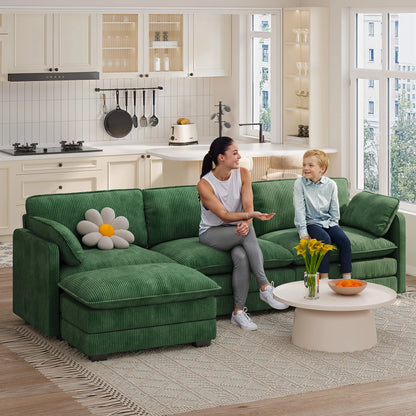 Lofka 110 Modular Sectional Sofa Bed with Double Layer Cushions and Movable Ottoman, Modern Comfy Cloud Couch for Living Room, DIY Combination, Green