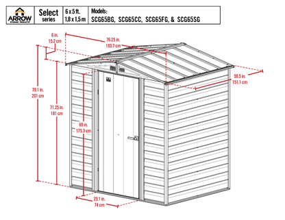 Arrow Select Steel Storage Shed Steel Storage Shed, 6x5, Charcoal