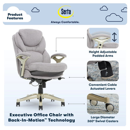 Serta Back in Motion Technology Fabric Executive Office Chair, Light Gray