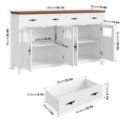 Homfa Farmhouse 55.1"WKitchen Buffet Cabinet with Storage Drawer & Adjustable Shelf, Glass Door Wood Sideboard Credenza Coffee Bar with for Dining Room Living Room, White & Black