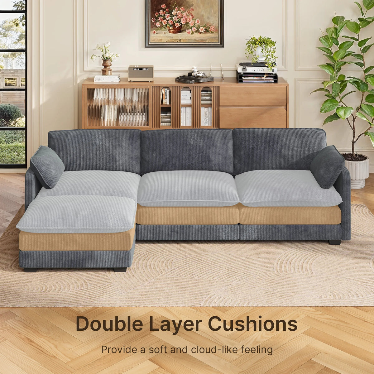 Lofka 110 Modular Sectional Sofa Bed with Double Layer Cushions and Movable Ottoman, Modern Comfy Cloud Couch for Living Room, DIY Combination, Green