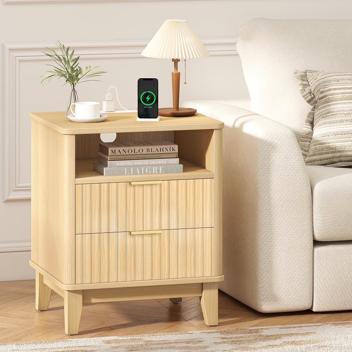 Night Stand with Charger Station, Fluted Nightstand with 2 Drawers and Storage Shelf, Mid Century Modern End Table for Bedroom Living Room,Natural